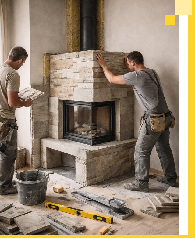 Угловые камины под ключ проект, монтаж и отделка в Шарыпове