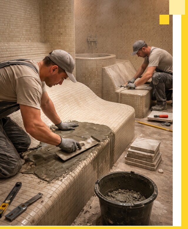 Лежаки для хамама под ключ в Шарыпове, проект и монтаж